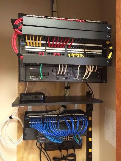 Stacked wall-mounted cabinets with a firewall, switch and UPS configured for an office